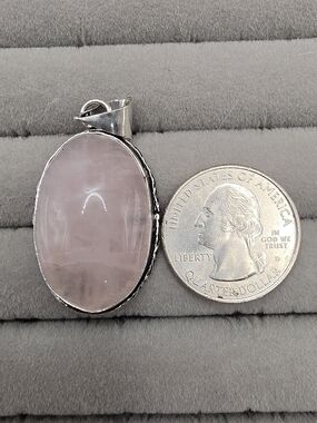 Silver Plated Rose Quartz Oval Pendant - Pink Gemstone Necklace
